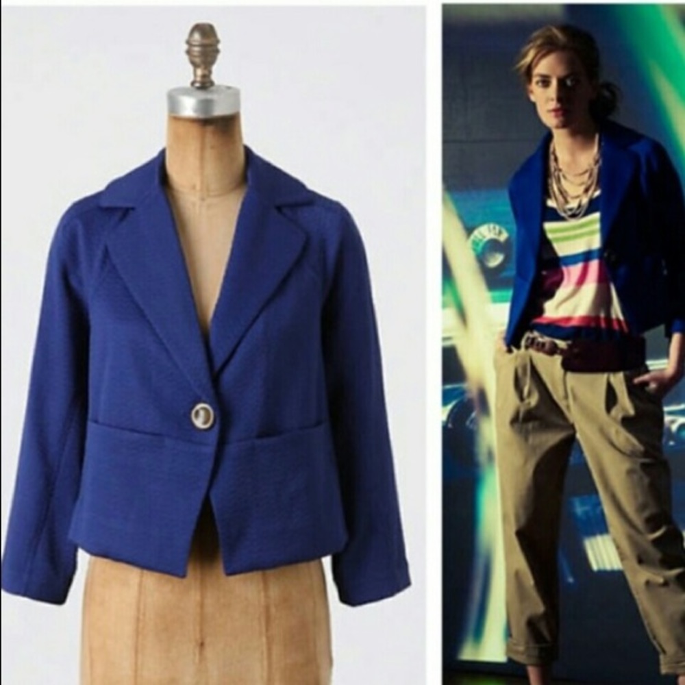 Anthropologie Coquille Dynamism Cropped Blue Blazer